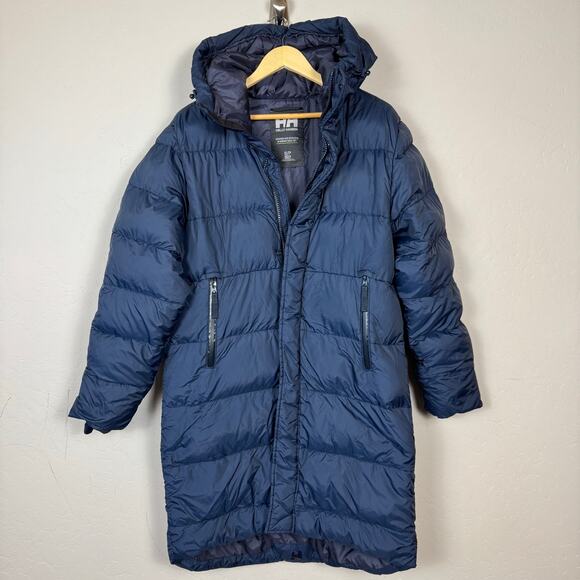 Helly Hansen Men's Size Small Navy Active Long Winter Parka Spell Out Puffer - Picture 2 of 16